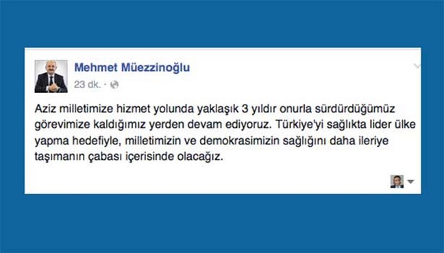 Müezzinoğlu ilk mesajını Facebook ve Twitter'dan verdi