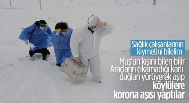 Muş’ta pandemiyle mücadele kapsamında aşı çalışması yürüten sağlık ekipleri, kar