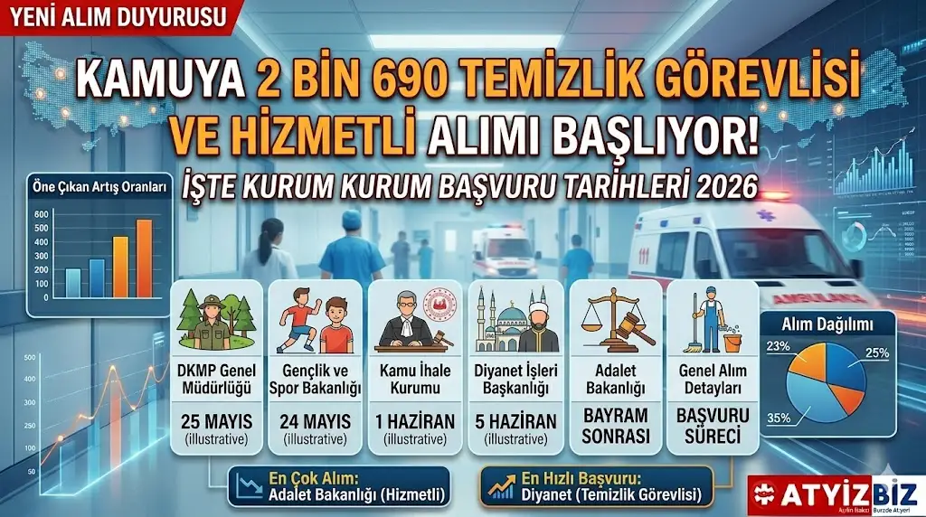 Kamuya 2 Bin 690 Temizlik Görevlisi ve Hizmetli Alımı Başlıyor! İşte Kurum Kurum Başvuru Tarihleri 2026 Kamu kurum ve kuruluşlarında istihdam edilmek üzere peş peşe personel