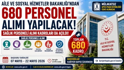 Aile ve Sosyal Hizmetler Bakanlığı’ndan 680 Personel Alımı! Sağlık Personeli