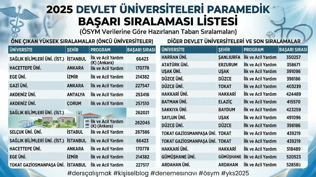 2025 Devlet Üniversiteleri Paramedik Başarı Sıralaması Listesi Paramedik (İlk ve Acil Yardım Bölümü) 2025 Devlet Üniversitesi