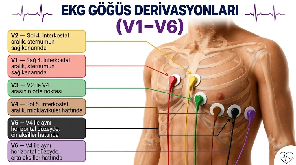 EKG çekiminde prekordiyal ($V_1 - V_6$) göğüs derivasyonlarının anatomik yerleşim