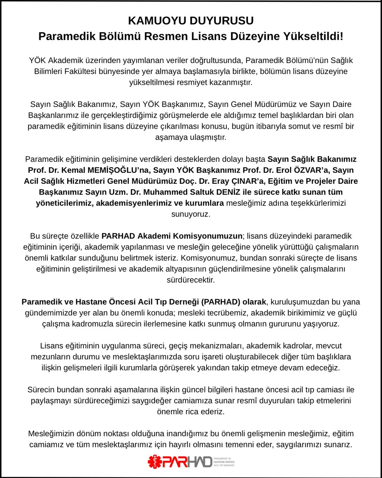 Paramedik Bölümü Resmen 4 Yıllık Lisans Düzeyine Yükseltildi
