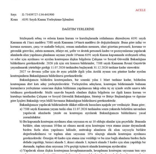 Çalışma ve Sosyal Güvenlik Bakanlığı, sözleşmeli erbaş ve erlerin kamu