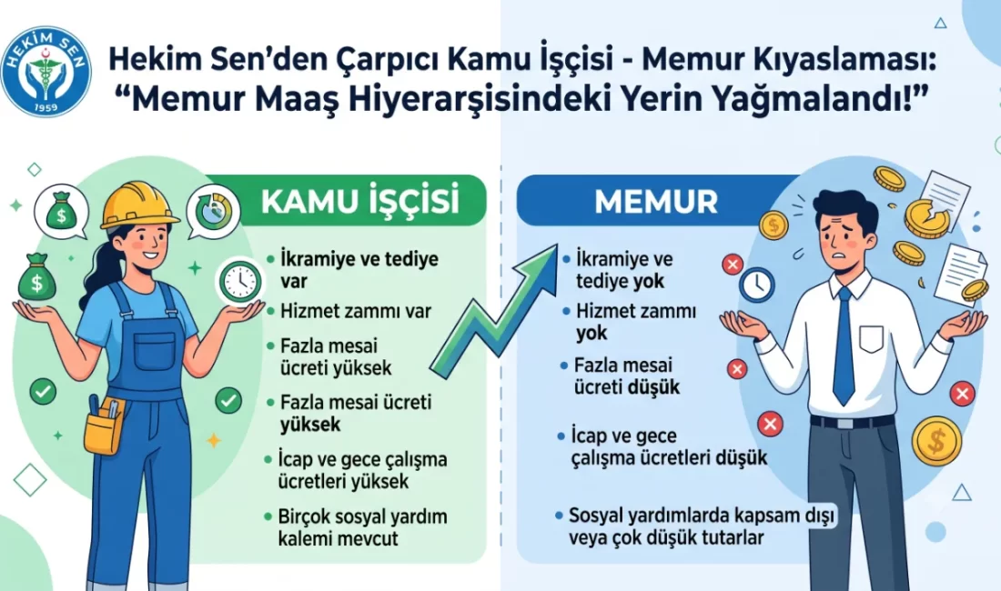 Hekim Sen’den Çarpıcı Kamu İşçisi – Memur Kıyaslaması: “Memur Maaş Hiyerarşisindeki Yerini Kaybetti!” Hekim Sen (Hekim ve Sağlık Çalışanları Sendikası), kamu sektöründe çalışan