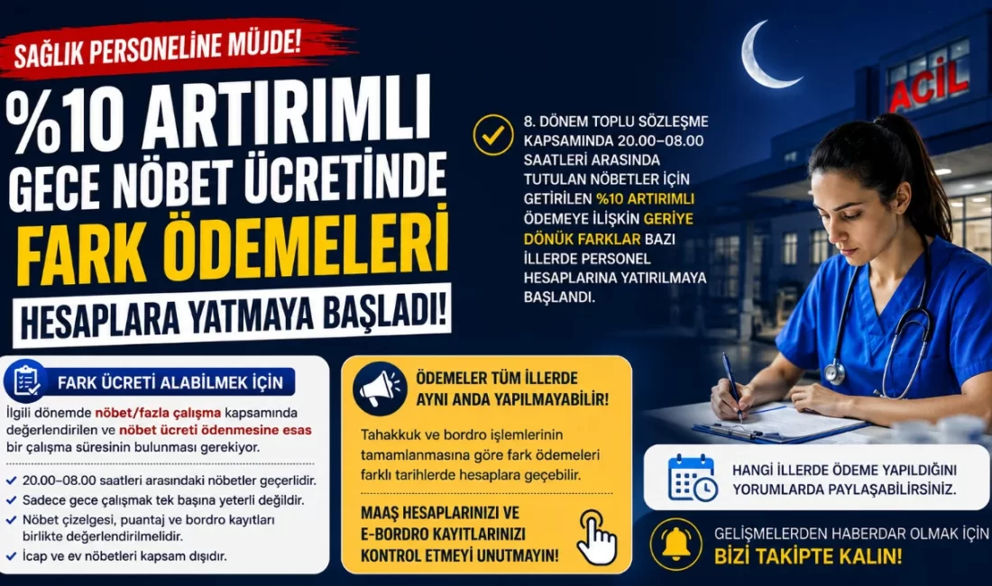 Sağlık Personelinin Artırımlı Gece Nöbet Ücreti Ödenmeye Başladı: Farklar Hesaplara Yatıyor Sağlık personelinin 20.00–08.00 saatleri arasında tuttuğu nöbetler için uygulanması gereken