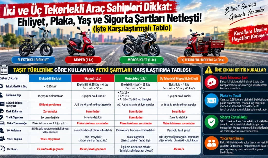 İki ve Üç Tekerlekli Araç Sahipleri Dikkat: Ehliyet, Plaka, Yaş ve Sigorta Şartları Netleşti! 2918 Sayılı Karayolları Trafik Kanunu ve ilgili yönetmelikler kapsamında elektrikli