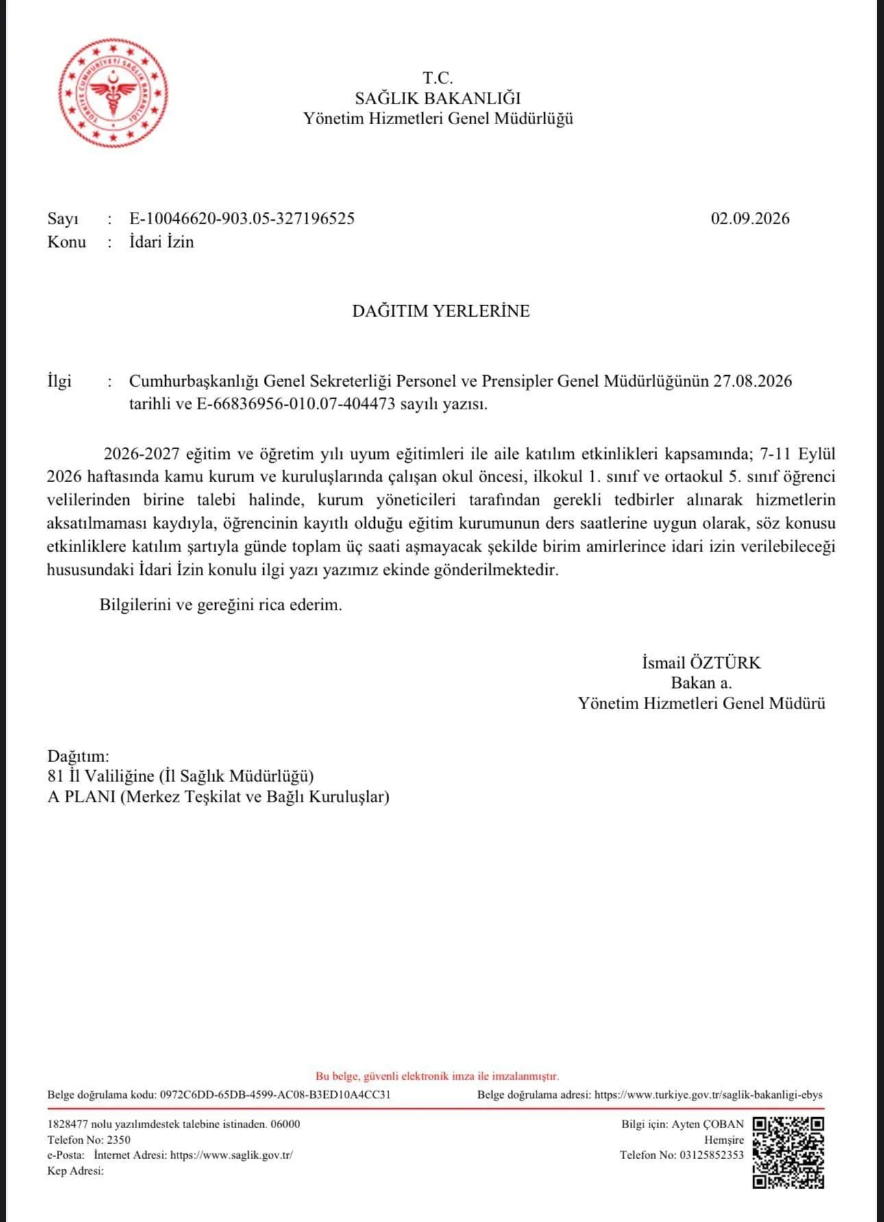 Sağlık Bakanlığı'ndan 81 İl Valiliğine Resmi Yazı: Sağlık Personeli Velilere Günde 3 Saate Kadar Uyum İzni! 1 Sağlık Bakanlığı İdari İzin