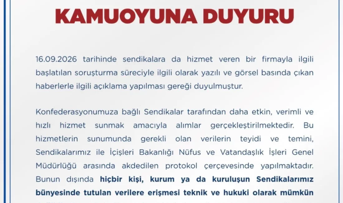Memur-Sen’den Yazılım Firması Soruşturması Hakkında Açıklama Memur Sendikaları Konfederasyonu (Memur-Sen), sendikalara da yazılım ve teknik hizmet
